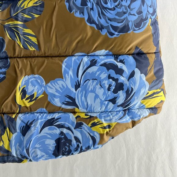 Offline by Aerie Floral Puffer Vest Womens L Full Zip Hooded Quilted Brown Blue - Picture 10 of 13
